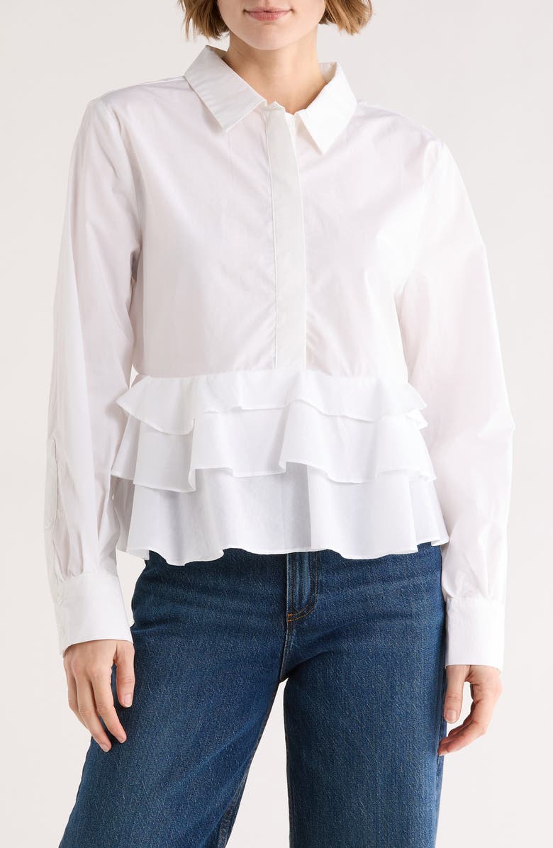 Ellen Tracy Ruffle Poplin Crop Button-Up Shirt, Main, color,