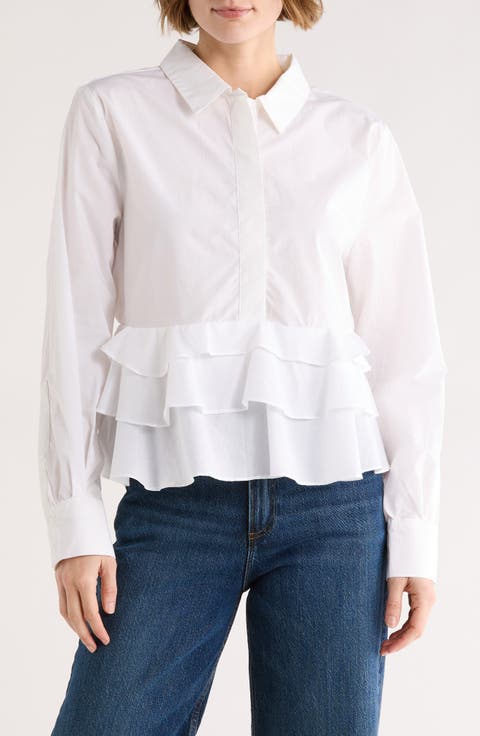 Ruffle Poplin Crop Button-Up Shirt
