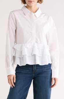 Ellen Tracy Ruffle Poplin Crop Button-Up Shirt