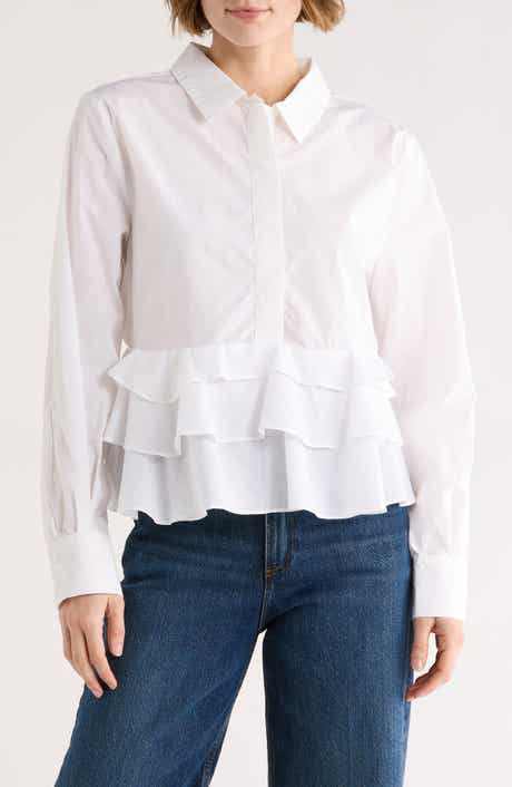 Ellen Tracy Ruffle Poplin Crop Button-Up Shirt
