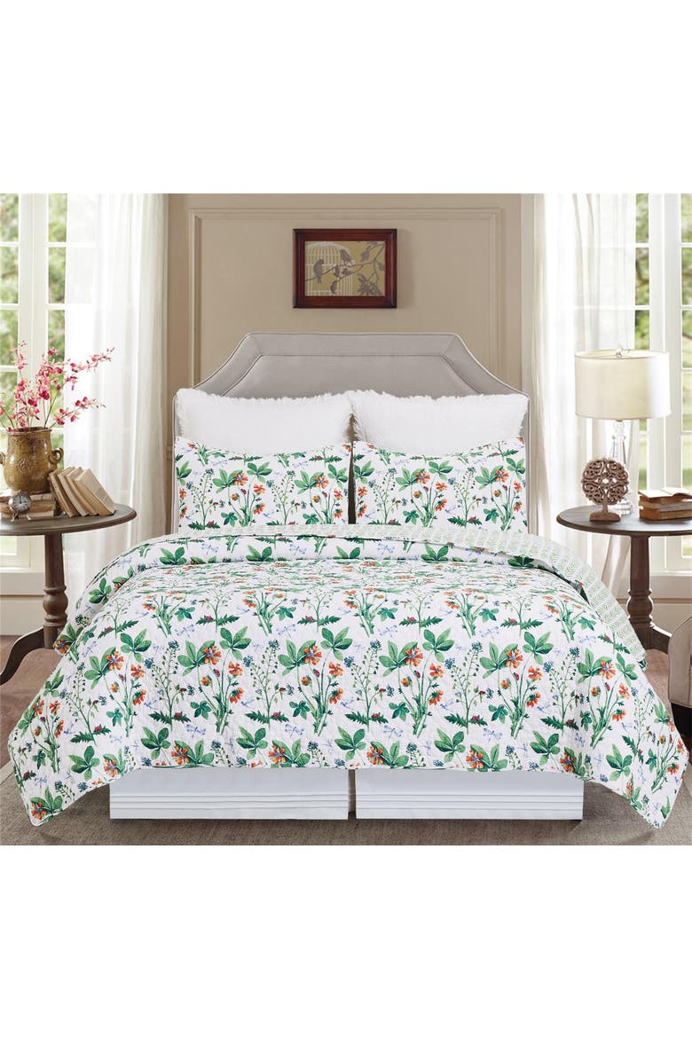 Clover Bug Spring Floral Cotton Quilt Set  - Reversible and Machine Washable, Alternate, color, Green
