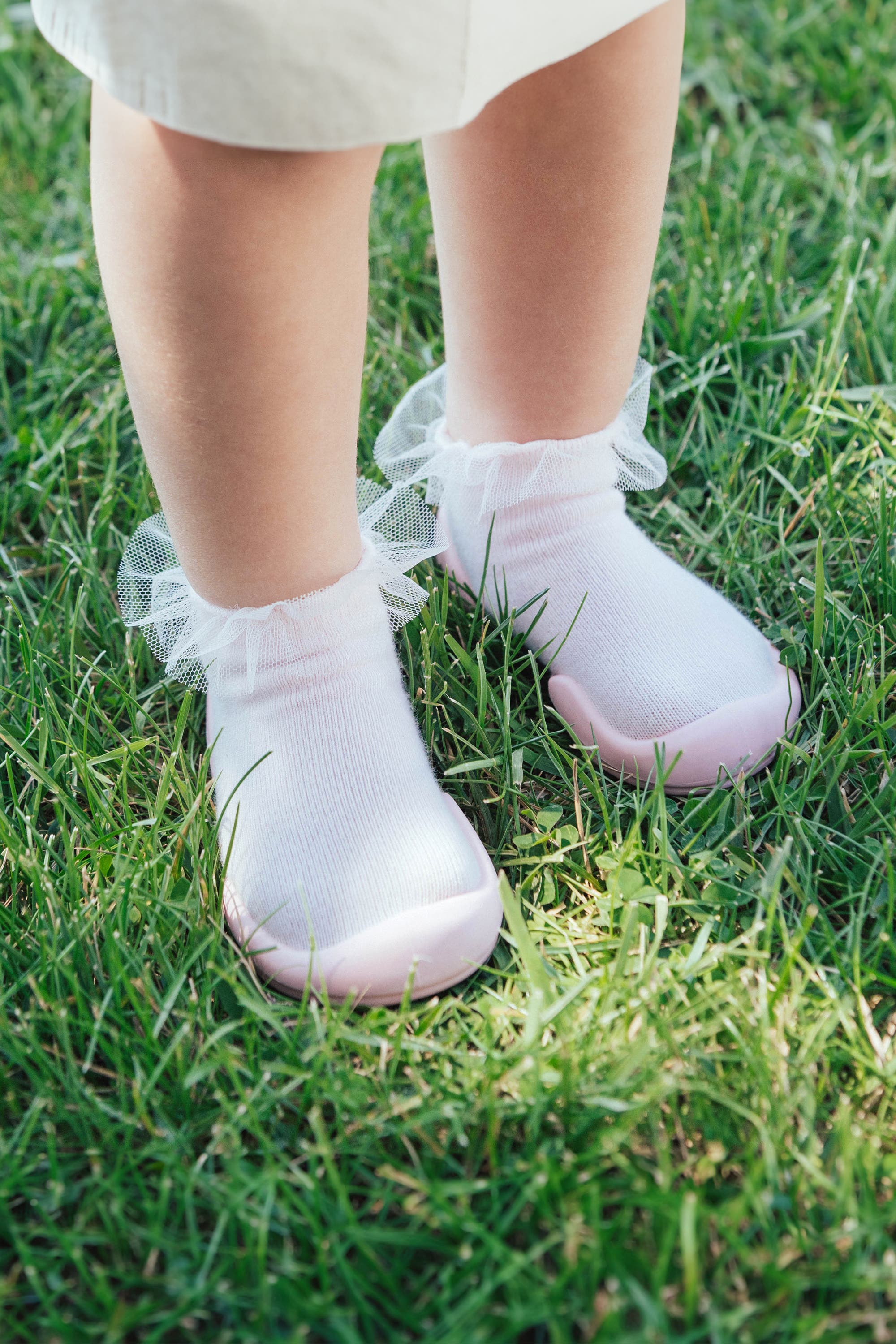 Toddler Girl Sock Shoes Tulle Trim - Beige, Alternate, color, Light Pink