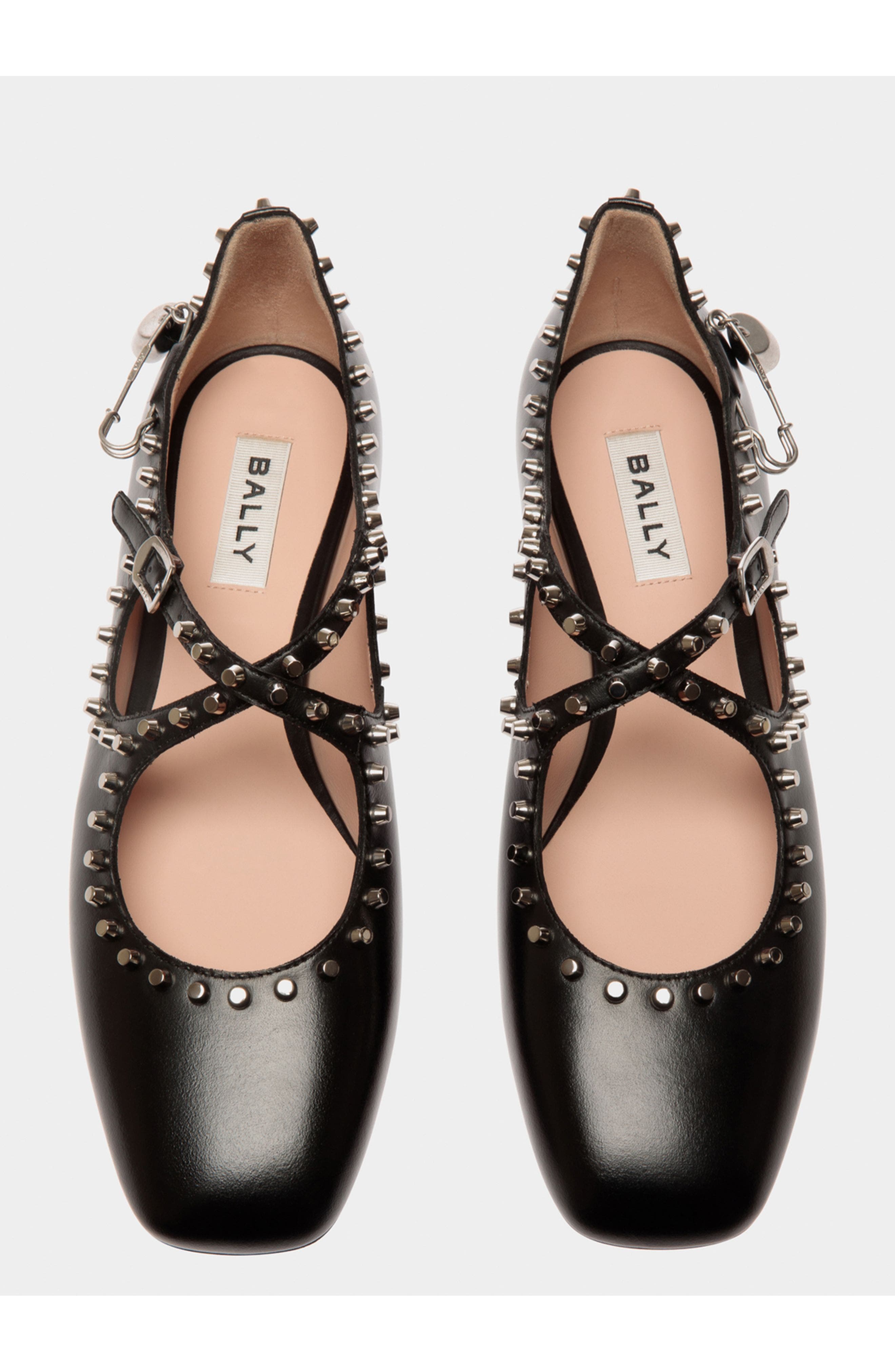 Bally rina Flat in Leather with Studs, Alternate, color, Black
