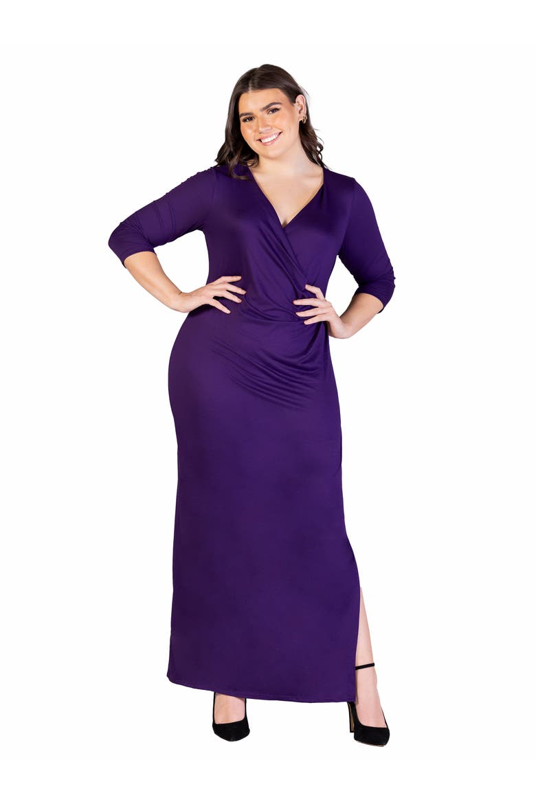 24seven Comfort Appare Fitted V-Neck Side Slit  Maxi Dress, Main, color, Purple