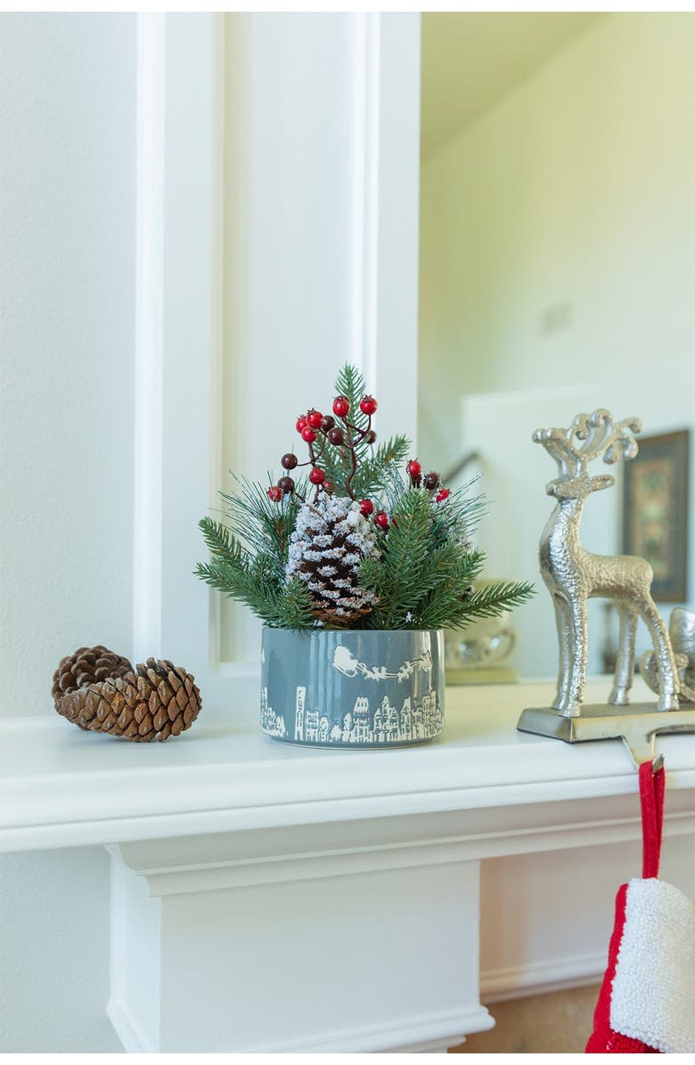 FLORA BUNDA Xmas Mix in 5" Gray Cityscape Ceramic Pot, Alternate, color, Grey