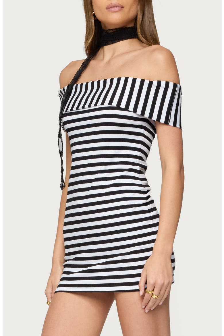 Zivi Stripe Foldover Off-the-Shoulder Minidress, Alternate, color, BLACK-AND-WHITE
