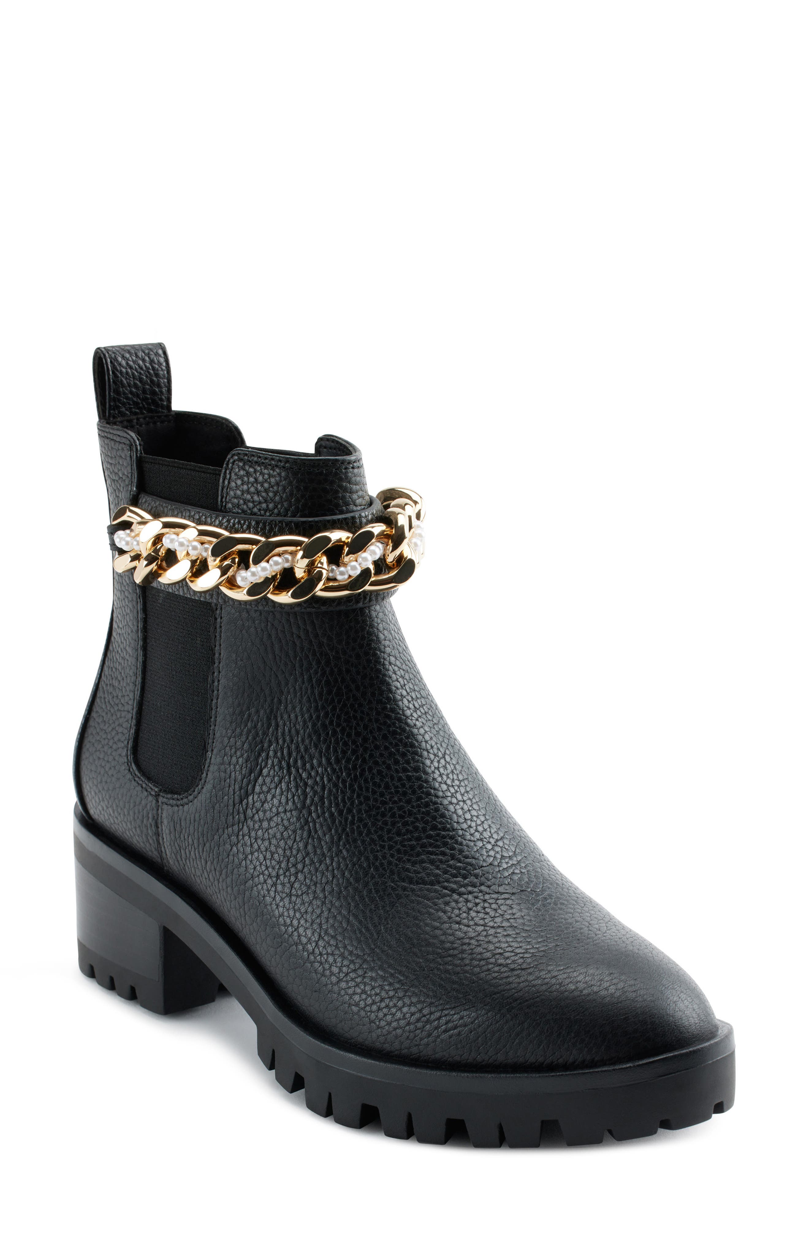 Porshay Lug Sole Bootie, Main, color, BLACK GOLD CHAIN
