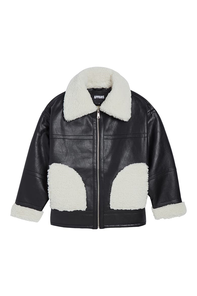 Catalina Faux Leather & Shearling Bomber Jacket, Alternate, color, NOIR IVORY