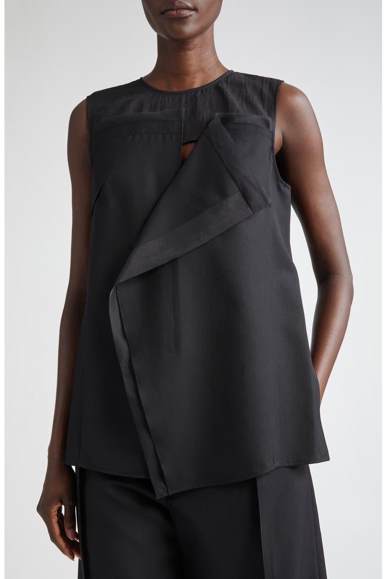 Asymmetric Drape Mixed Media Top, Alternate, color, BLACK