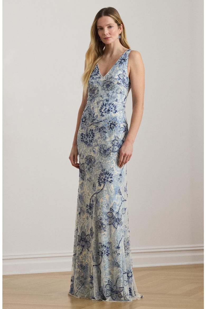 Beaded Floral Mesh Gown, Alternate, color, BLUE/ MULTI