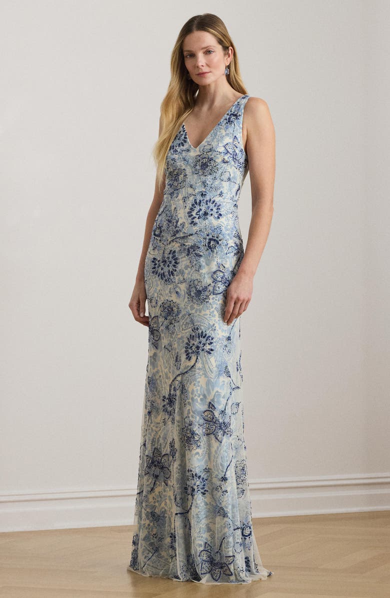 Lauren Ralph Lauren Beaded Floral Mesh Gown, Alternate, color, Blue/ Multi