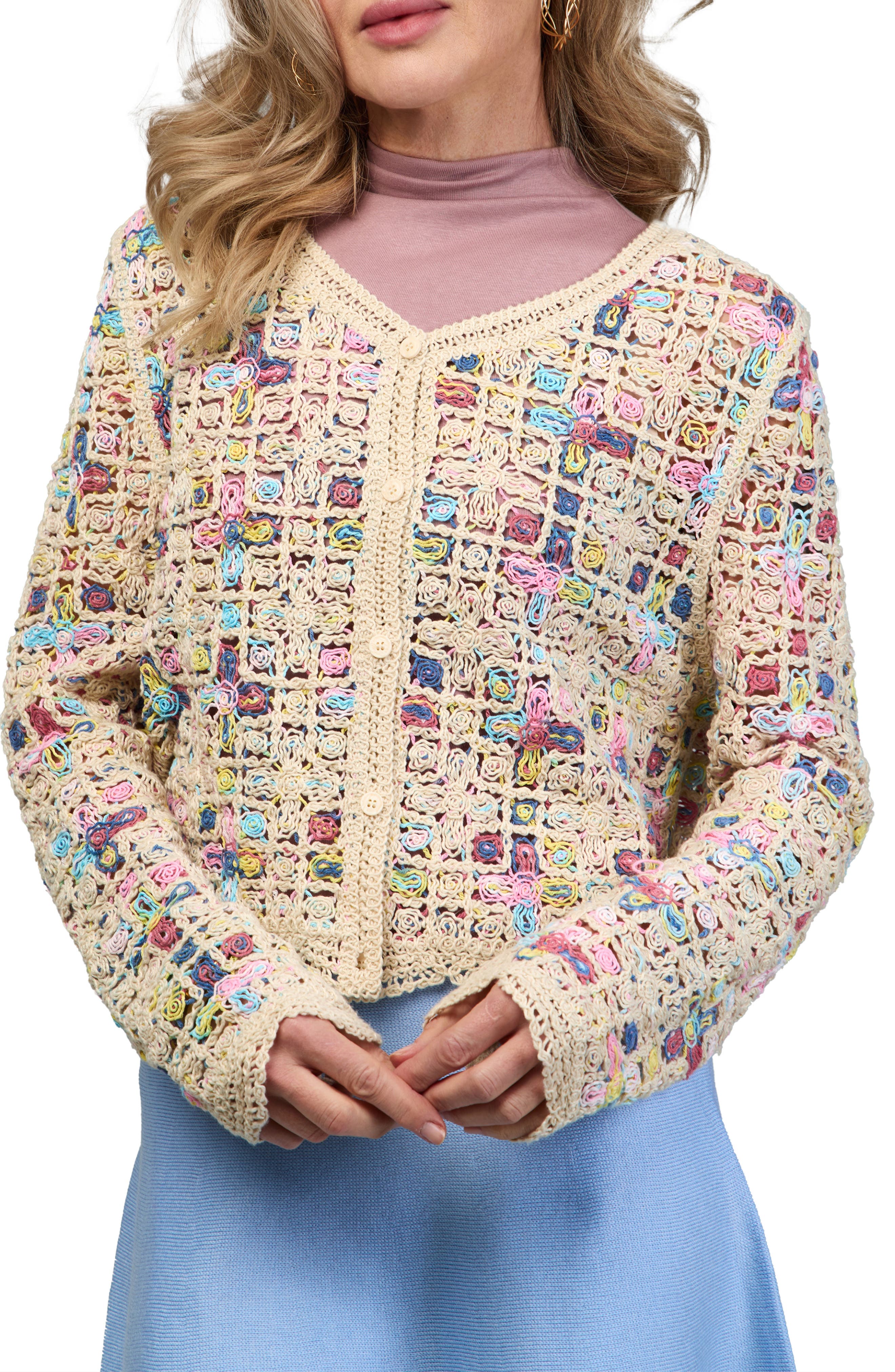 SAACHI Delicate Floral Crochet Cardigan Sweater