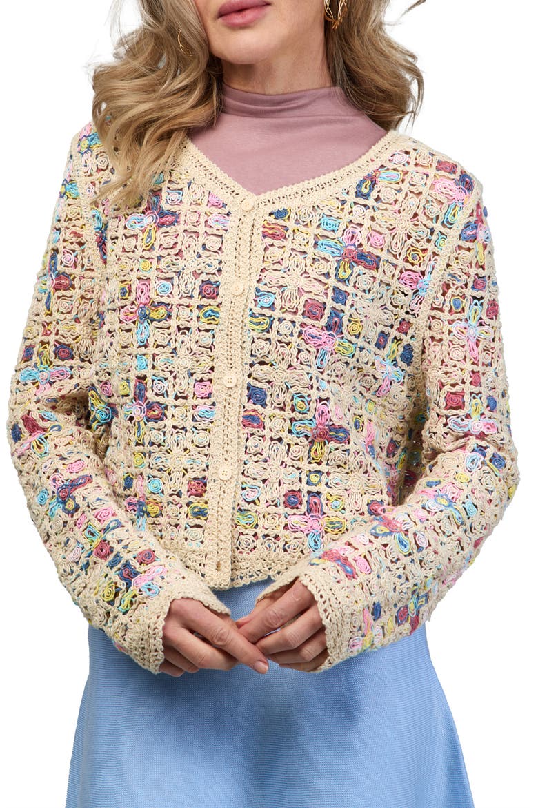 Delicate Floral Crochet Cardigan Sweater, Main, color, IVORY