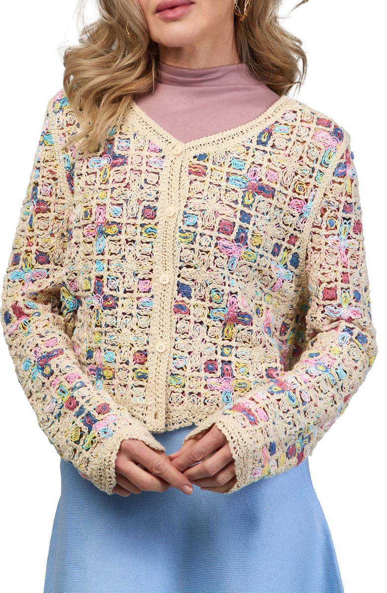 SAACHI Delicate Floral Crochet Cardigan Sweater, Main, color, Ivory