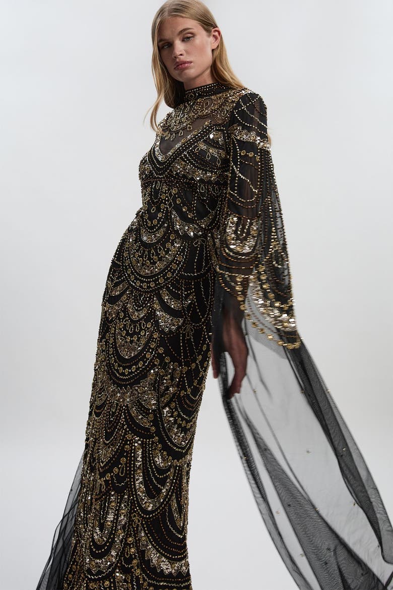 Beaded Midaxi Cape Dress, Alternate, color, Black