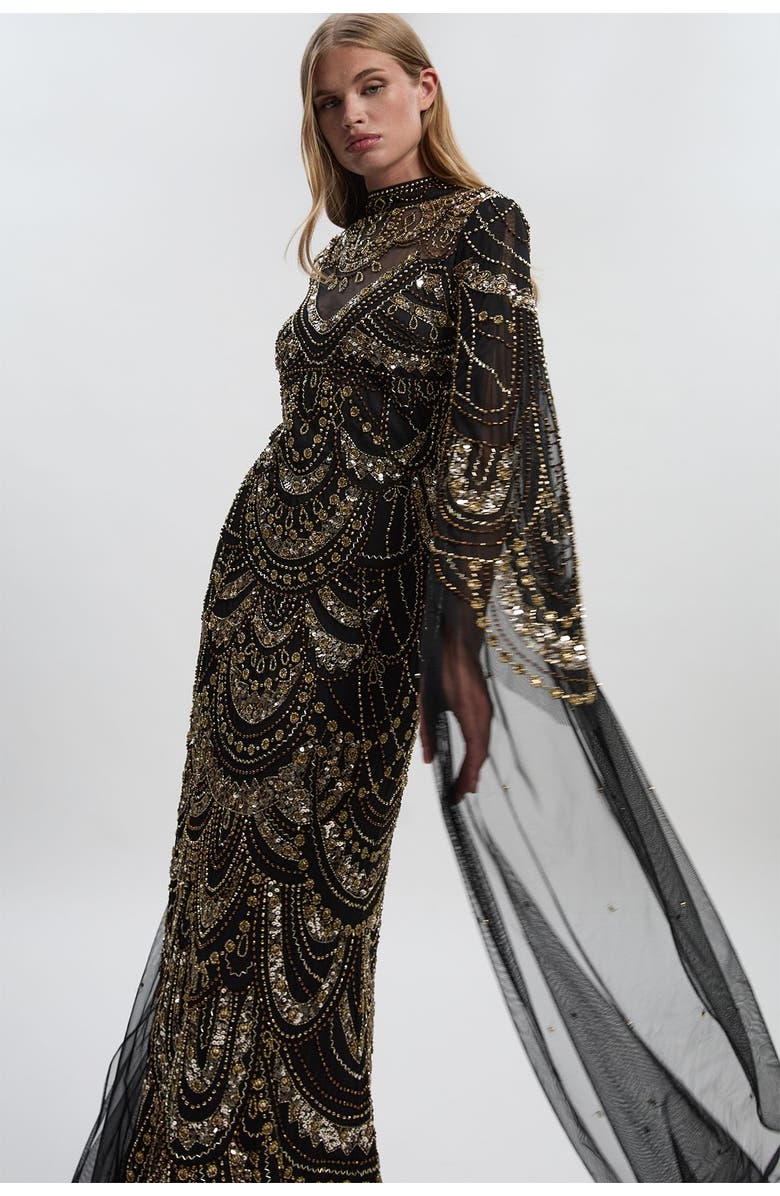 Karen Millen Beaded Midaxi Cape Dress, Alternate, color, Black