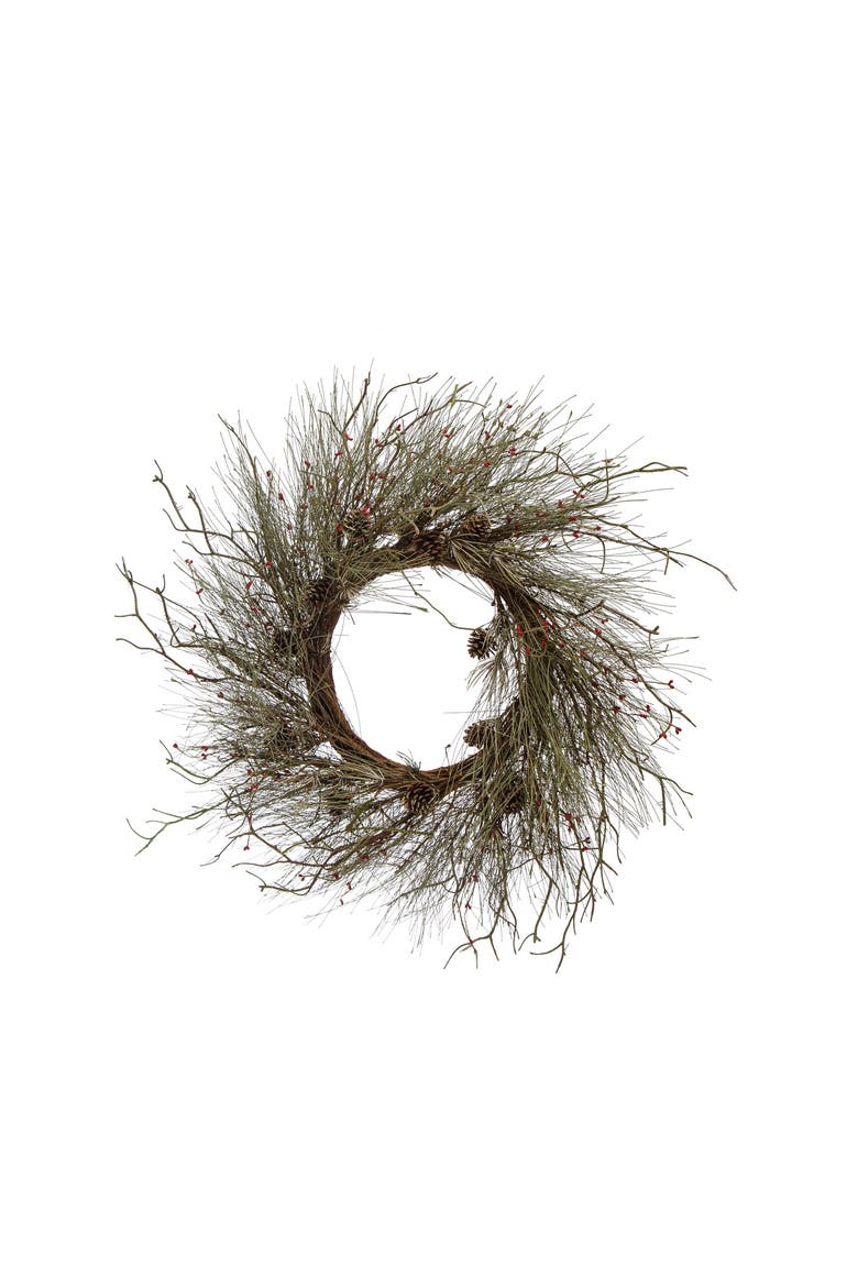 Faux Long Needle Pine Wreath with Twigs & Red Rice Berries, Sage, Main, color, Red & Sage