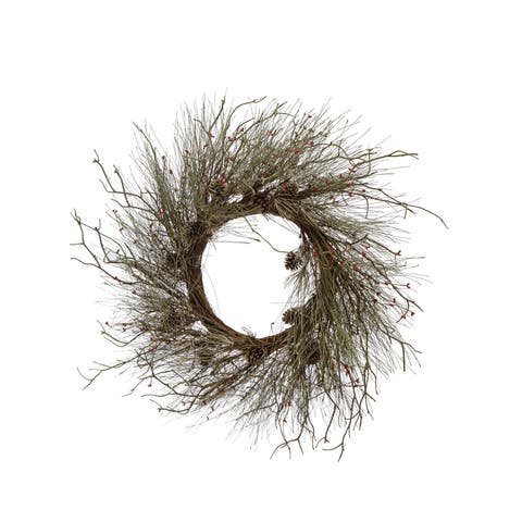 Faux Long Needle Pine Wreath with Twigs & Red Rice Berries, Sage