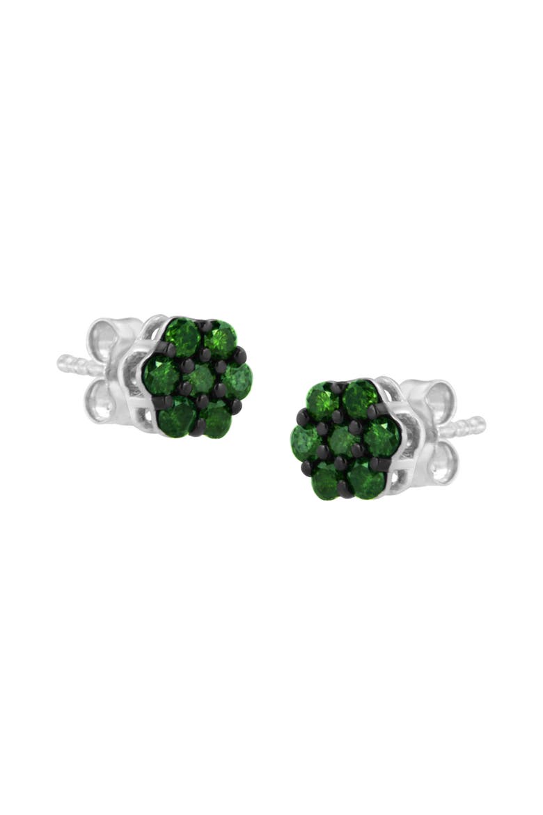 Silver 4.0 Cttw Round Treated Green Diamond Floral Cluster Stud Earring, Alternate, color, Green Diamond | White