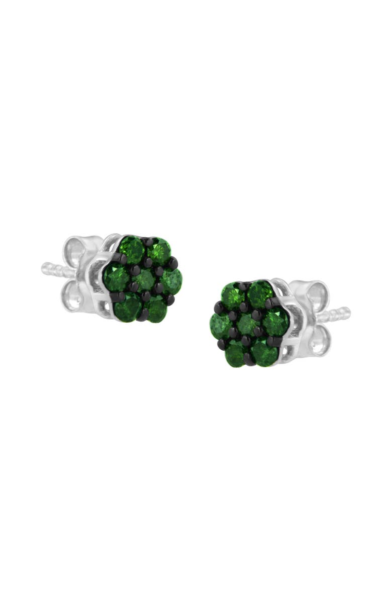 Haus of Brilliance Silver 4.0 Cttw Round Treated Green Diamond Floral Cluster Stud Earring, Alternate, color, Green Diamond | White