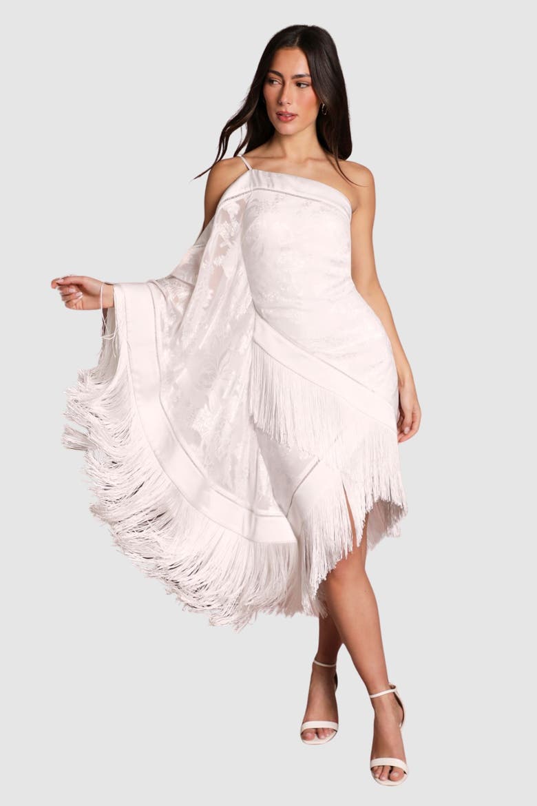 Asymmetric Fringe One-Shoulder Dress, Main, color, Ivory