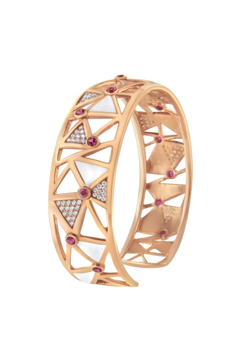 14K Rose Gold 5/8 Ctw Diamond Pink Tourmaline Open Cuff Bangle with White Enamel, Alternate, color, Pink