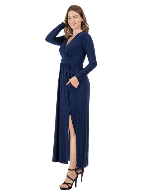 24seven Comfort Apparel Womens Long Sleeve V-neck Side Slit Maxi Dress In Blue