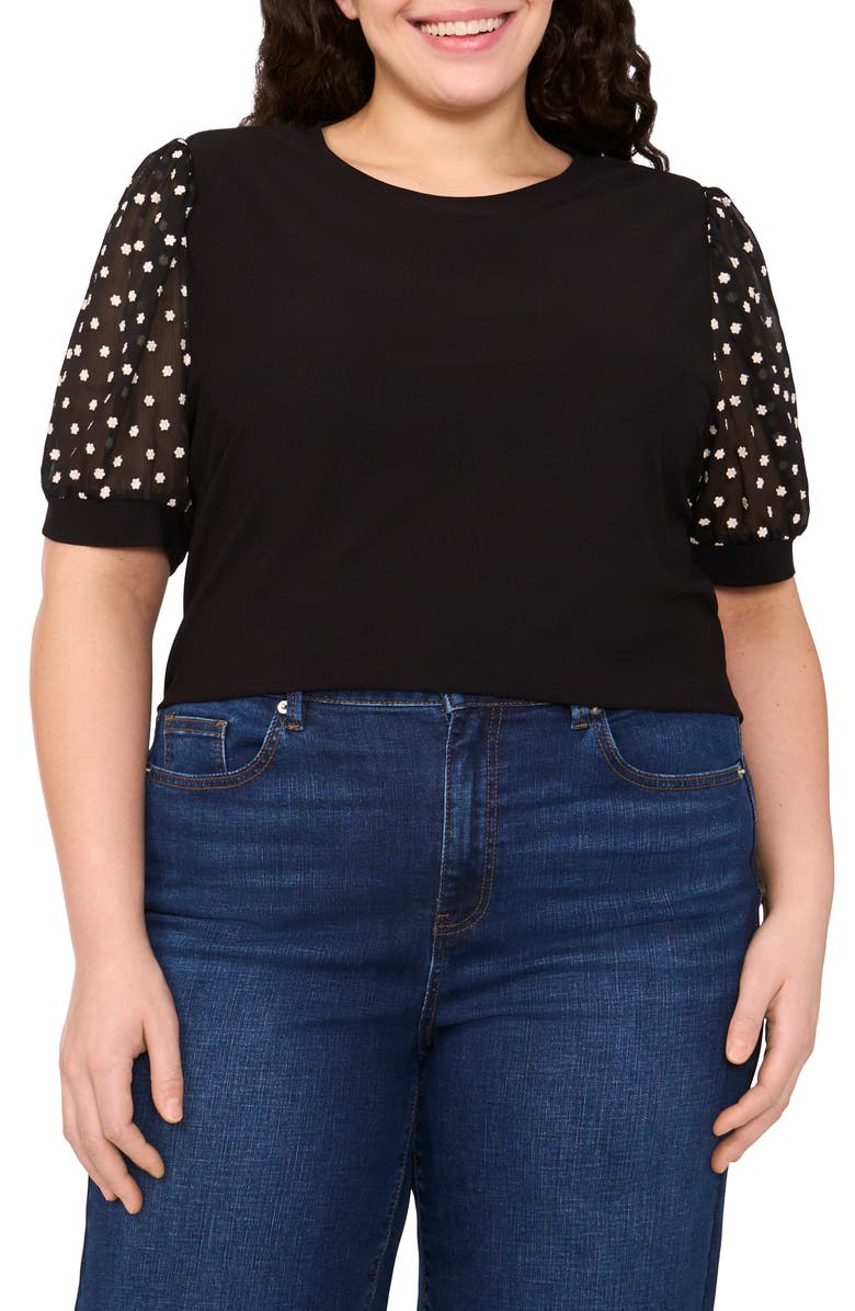 CeCe Puff Sleeve Mixed Media Top, Main, color, Rich Black