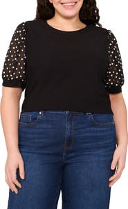 CeCe Puff Sleeve Mixed Media Top