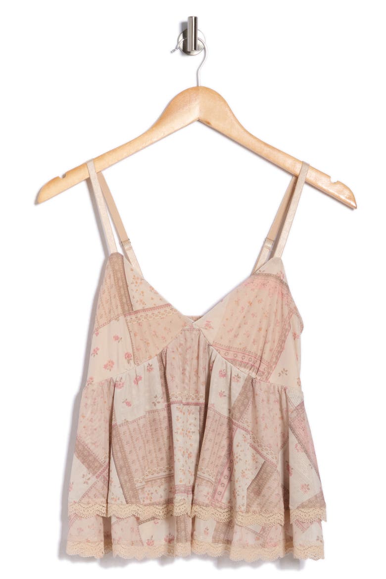 Lace Trim Tiered Babydoll Camisole, Alternate, color, TAN COMBO