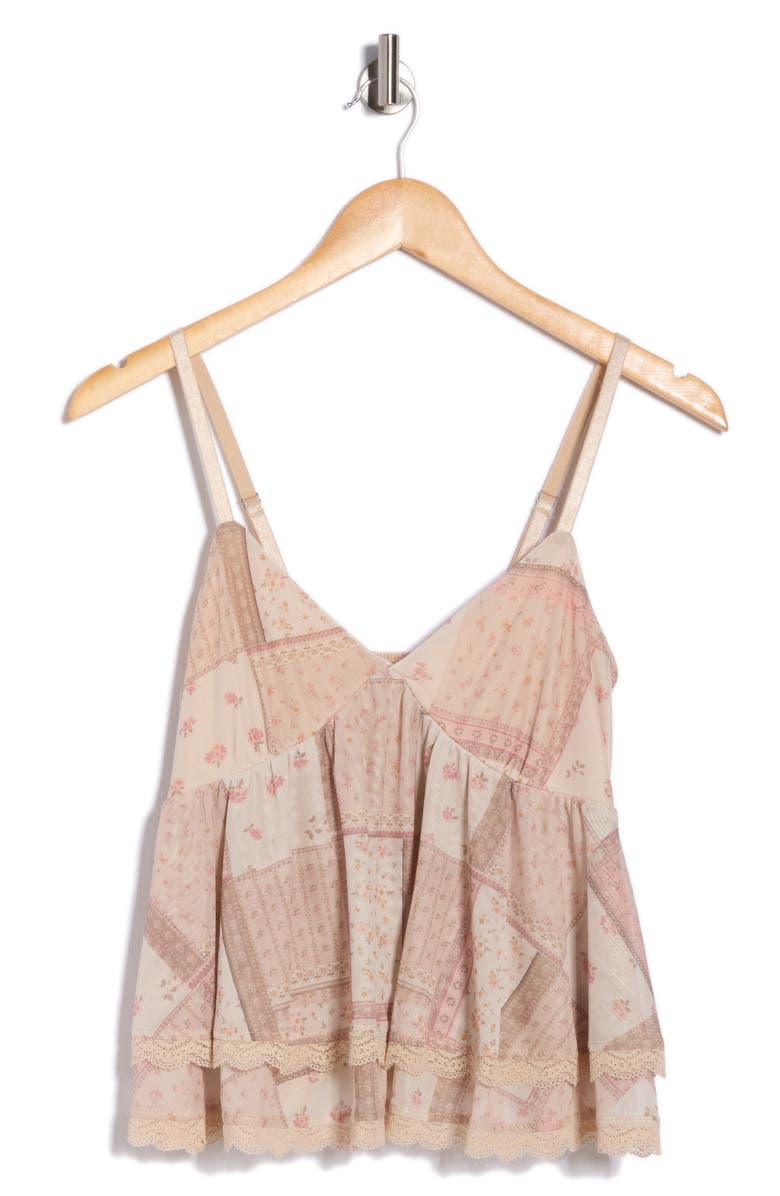 Madden Girl Lace Trim Tiered Babydoll Camisole, Alternate, color, Tan Combo