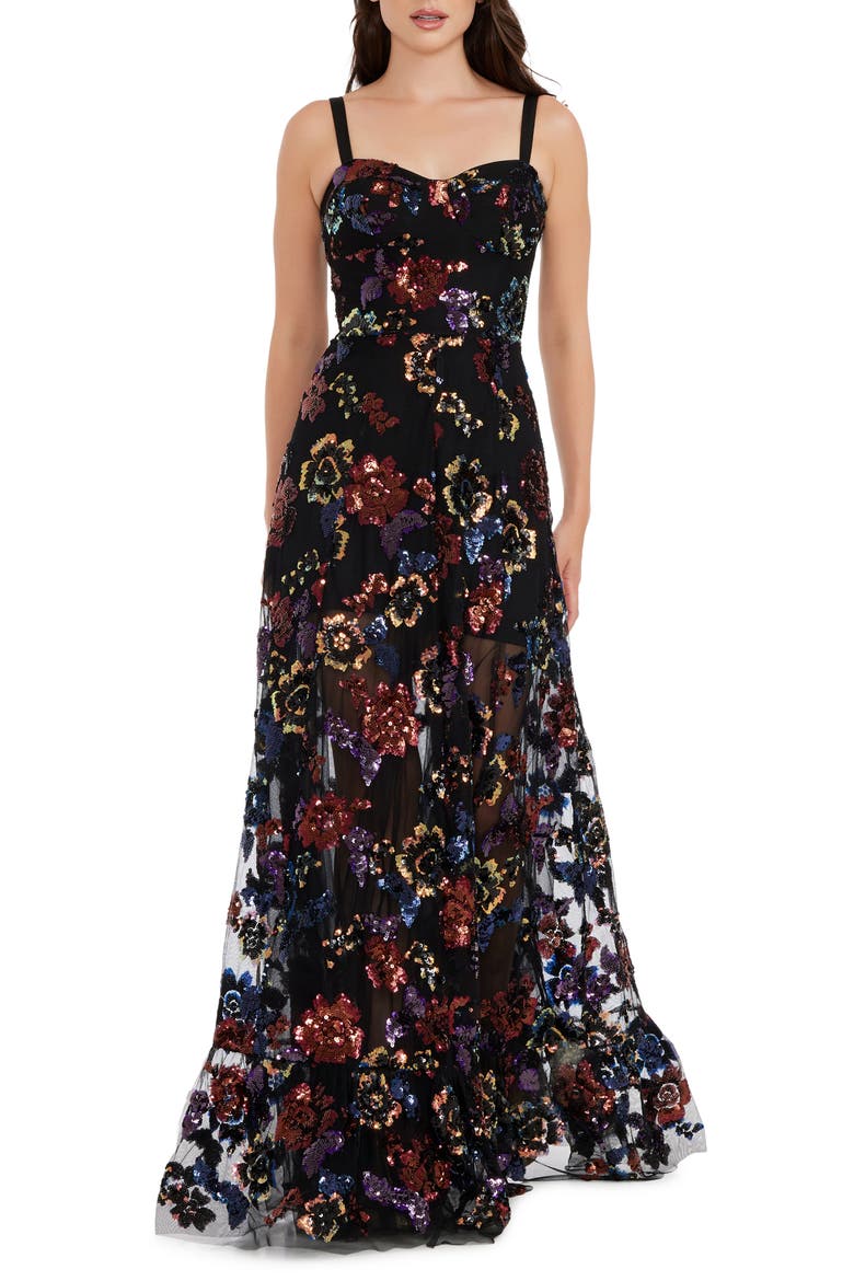 Anabel Sequin Floral Gown, Main, color, BLACK MULTI