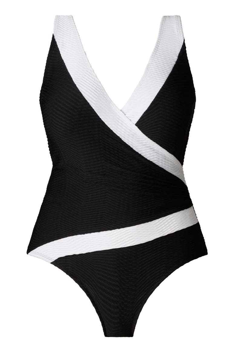 Pide Side Shirred Surplice Long Torso One-Piece Swimsuit, Alternate, color, Texture Luxe