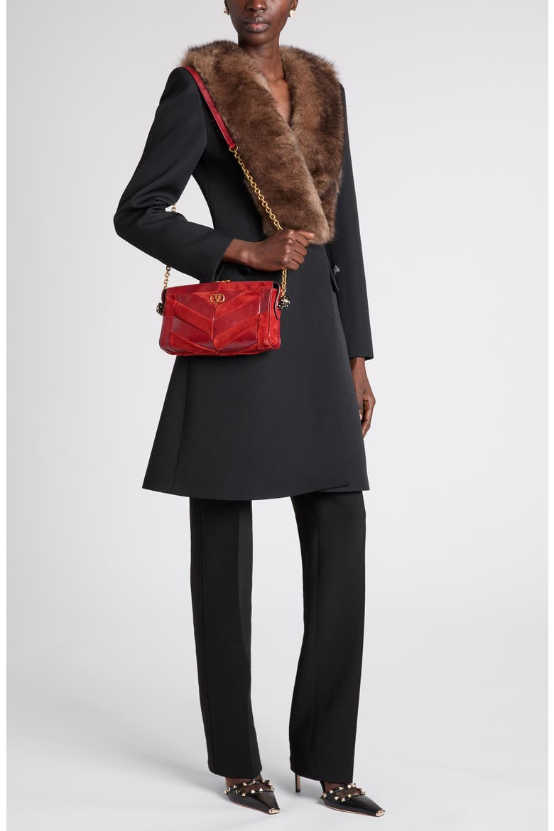 Grisaille Wool Coat with Genuine Fur Trim, Alternate, color, BLACK