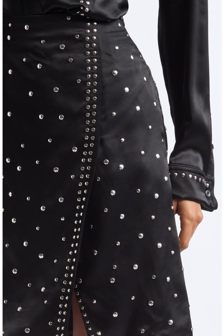 Cosmic Studded Faux Wrap Satin Midi Skirt, Alternate, color, BLACK
