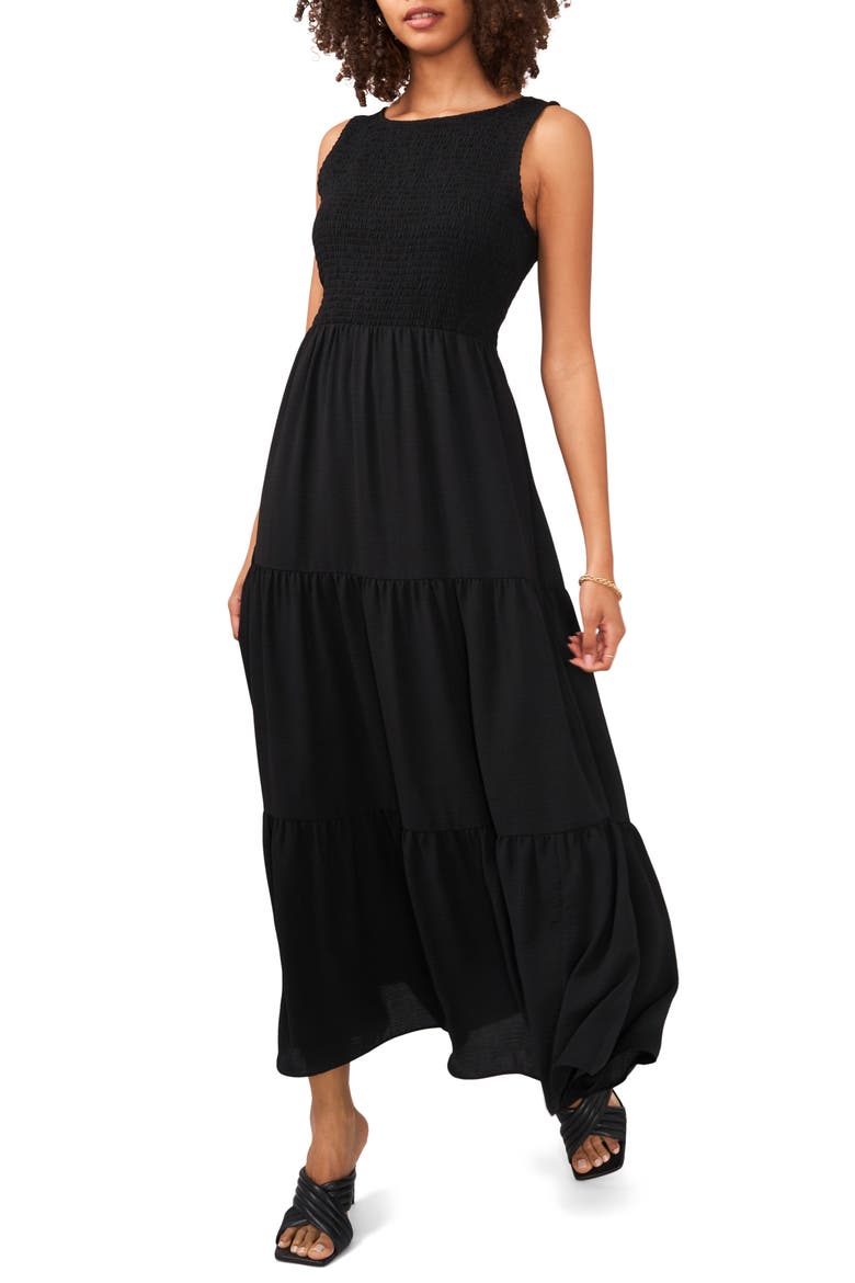 Smocked Sleeveless Tiered Maxi Dress, Main, color, RICH BLACK