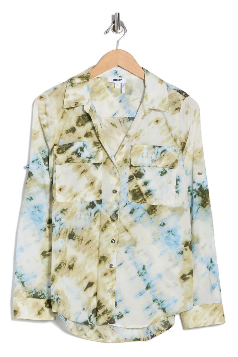 Abstract Print Roll Sleeve Button-Up Shirt, Alternate, color, SAGE/ SKY MULTI