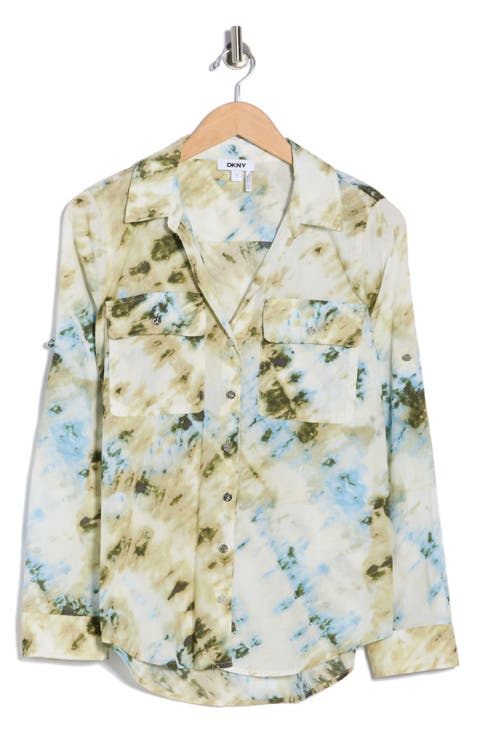 Abstract Print Roll Sleeve Button-Up Shirt