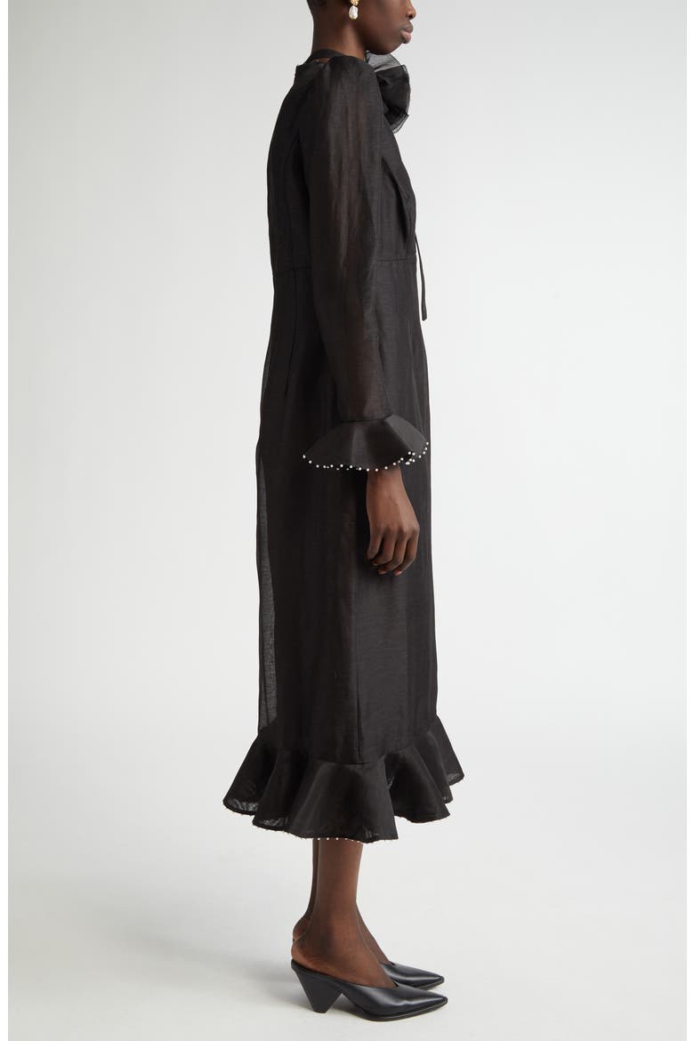 Floral Long Sleeve Organza Midi Dress, Alternate, color, BLACK
