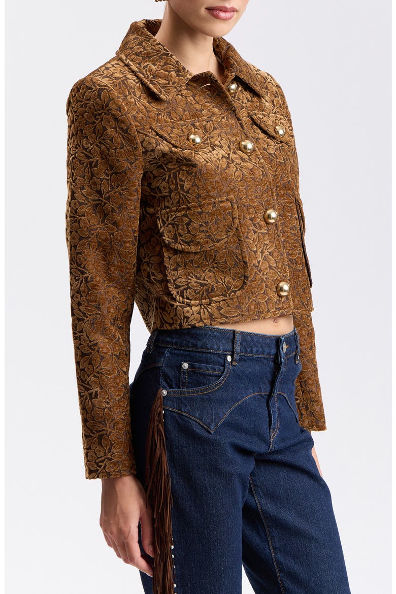 Flocked Floral Jacquard Cropped Jacket, Alternate, color, COGNAC
