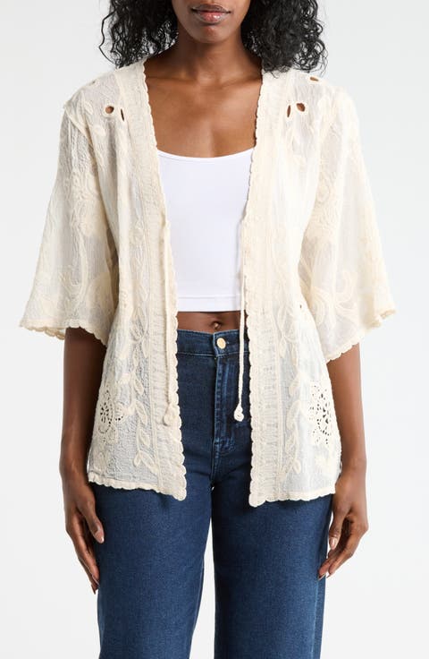 Floral Embroidered Tie Front Cardigan