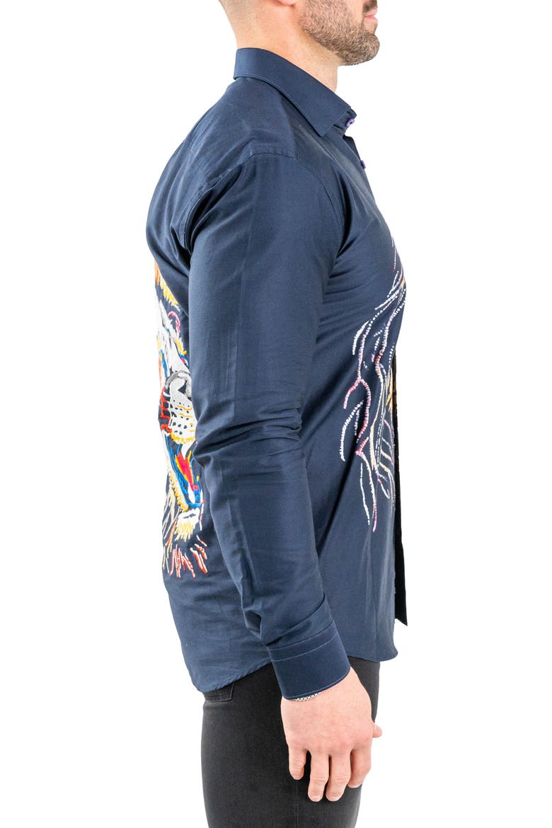 Fibonacci Lion Embroidered Contemporary Fit Button-Up Shirt, Alternate, color, BLUE