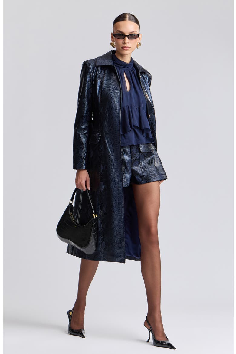 Snakeskin Embossed Faux Leather Belted Trench Coat, Alternate, color, NAVY PYTHON