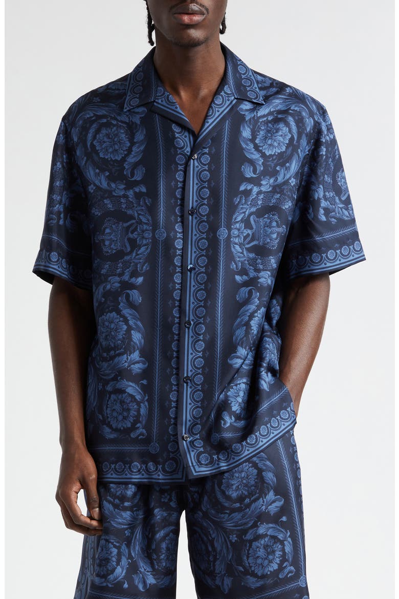 Barocco Print Silk Button-Up Shirt, Main, color, NAVY BLUE