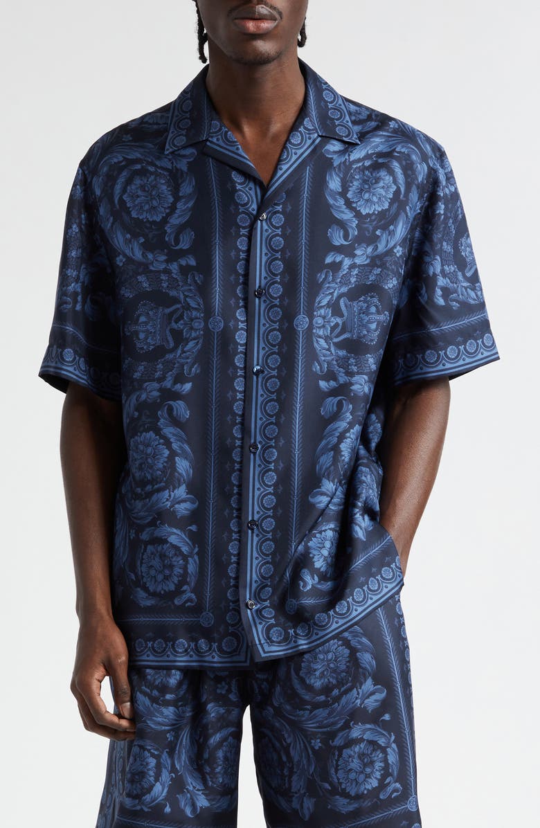 Versace Barocco Print Silk Button-Up Shirt, Main, color,