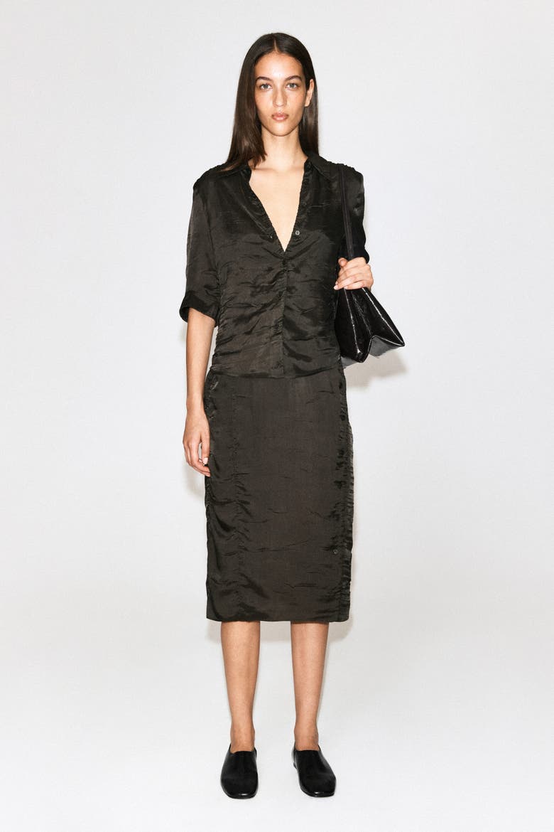 Gathered Crinkled Shirt, Alternate, color, BROWN