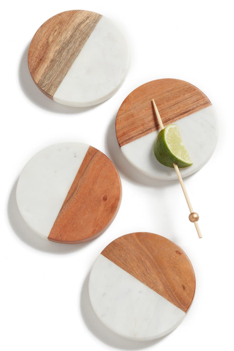 Set of 4 Wood & Marble Coasters, Main, color, WHITE MULTI