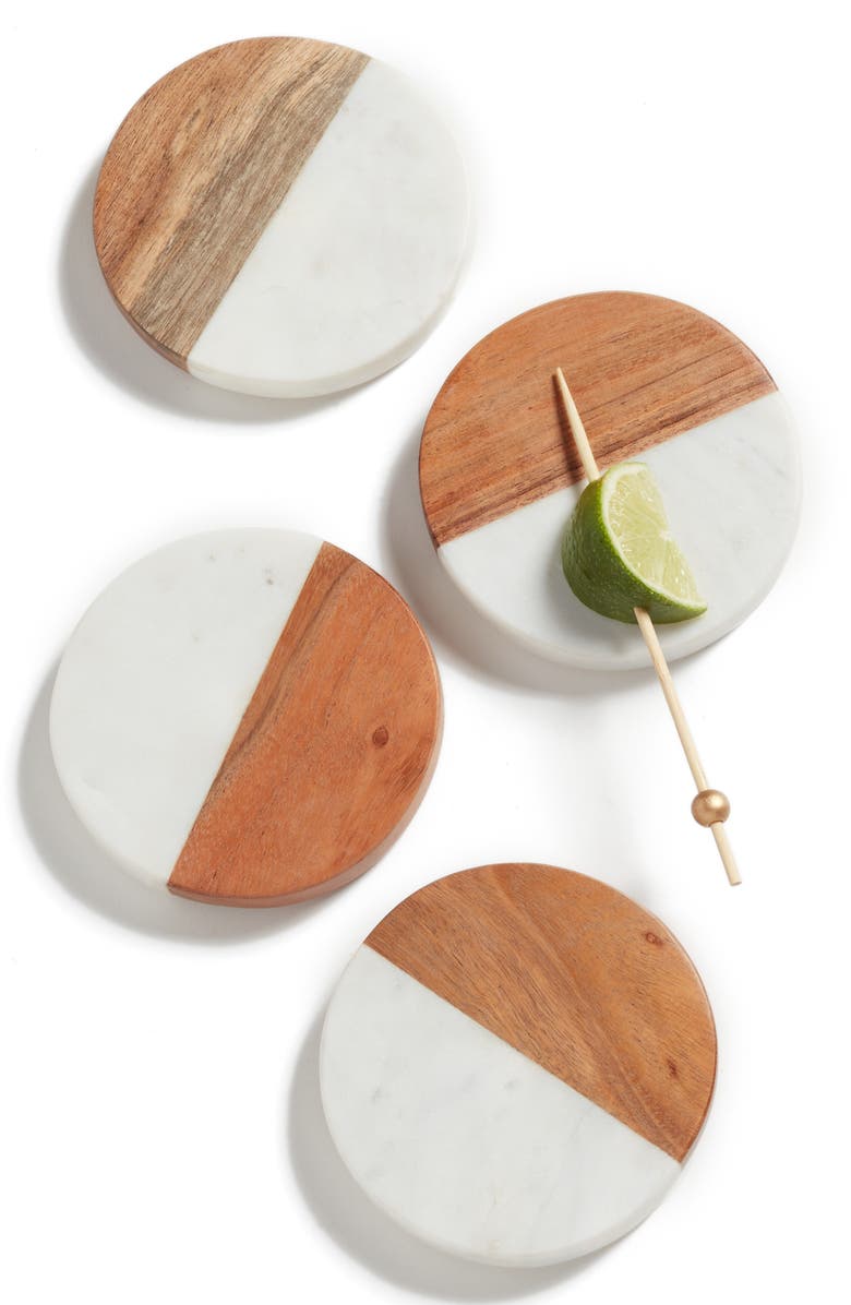 NORDSTROM AT HOME Set of 4 Wood & Marble Coasters, Main, color,