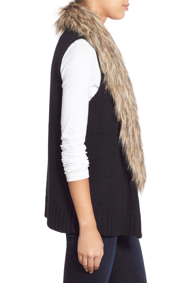 BB Dakota 'Sadi' Faux Fur Trim Knit Vest, Alternate, color, BLACK
