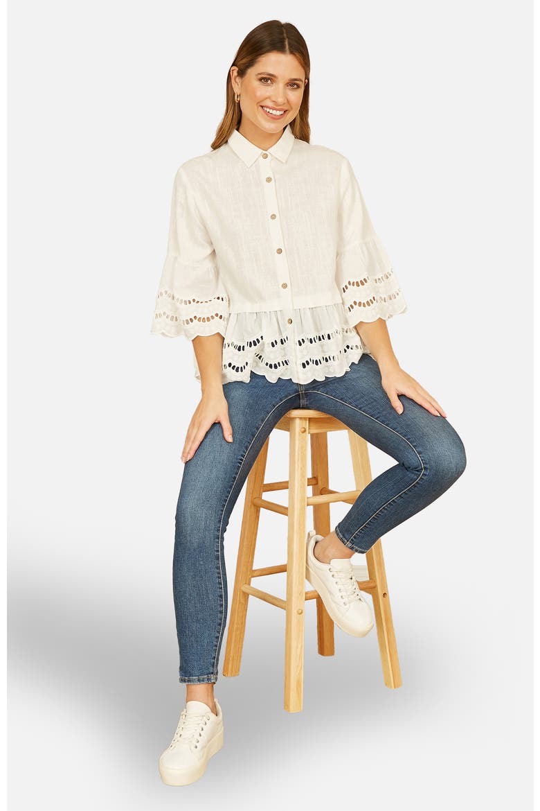 34 Sleeve Relaxed Scallop Trim Shirt, Alternate, color, White
